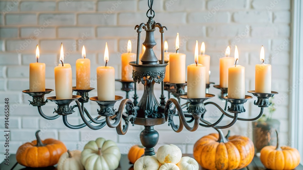 Autumn-Themed Chandelier with Candles and Pumpkins in Cozy Interior Autumn-Themed Chandelier with Candles and Pumpkins in Cozy Interior
