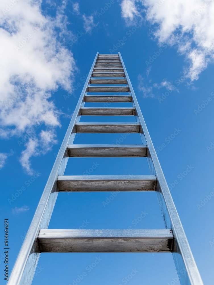 A ladder leans against a clear blue sky with no buildings or structures in sight A ladder leans against a clear blue sky with no buildings or structures in sight