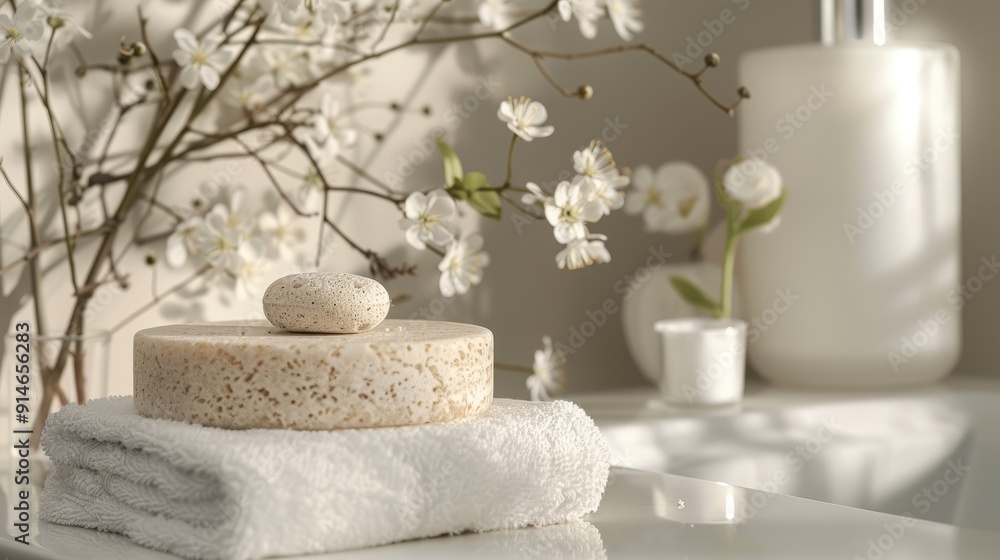 Presentation of skincare products with pumice stone podium and white flowers in a bathroom setting, photographed in a studio. Presentation of skincare products with pumice stone podium and white flowers in a bathroom setting, photographed in a studio.
