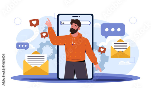 Speechwriting online concept. Man on smartphone screen near envelopes with letters. Copywriter, freelancer and remote worker. Creativity and art. Flat vector illustration isolated on white background