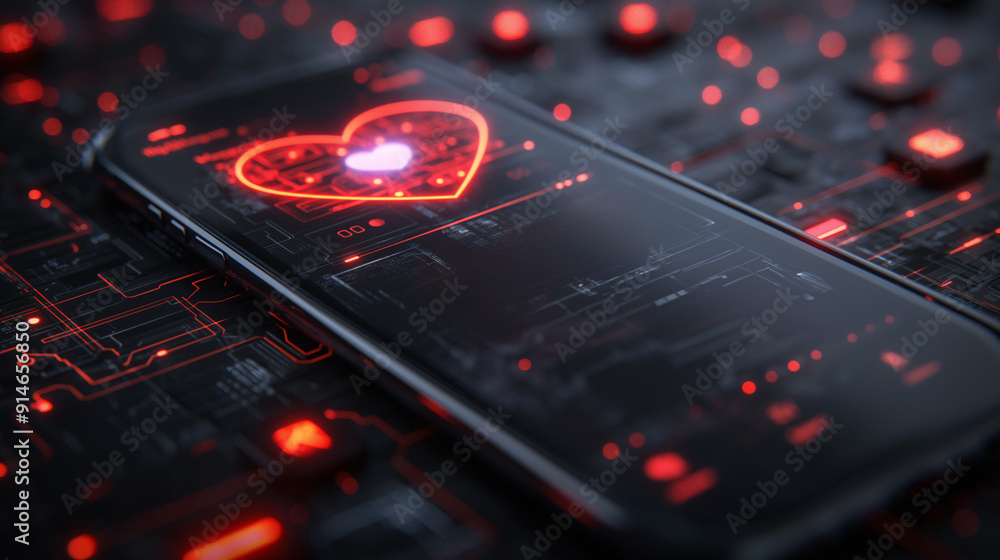 A smartphone showcases a luminous heart symbol against a dark circuit design, illustrating a blend of technology and emotion in a modern environment A smartphone showcases a luminous heart symbol against a dark circuit design, illustrating a blend of technology and emotion in a modern environment