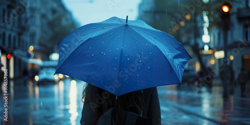 Wallpaper Mural Woman Walking in the Rain Under a Blue Umbrella. Torontodigital.ca
