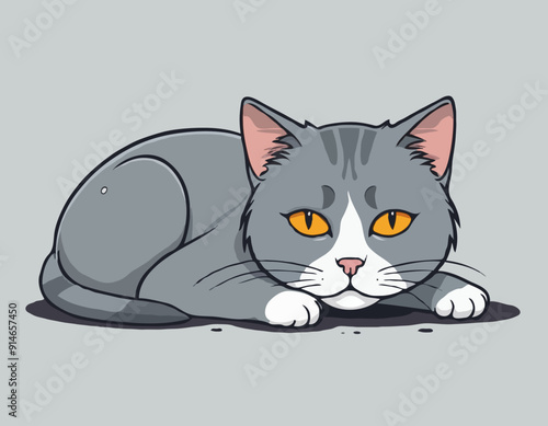 Sad gray cat Tik lies in tears. Vector illustration