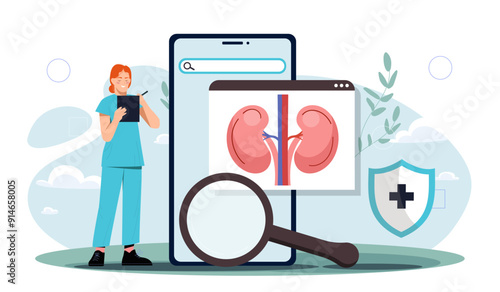 Urologist online concept. Woman in medical suit holds magnifying glass and kidneys. Anatomy and biology. Treatment and medicine, healthcare. Medical occupation. Flat vector illustration