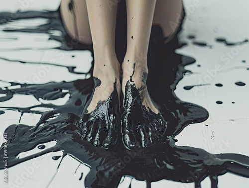 feet in a puddle of black paint on a white background