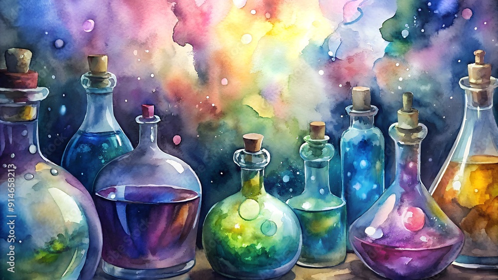 Colorful Potion Bottles on Wooden Table in Fantasy Setting Colorful Potion Bottles on Wooden Table in Fantasy Setting