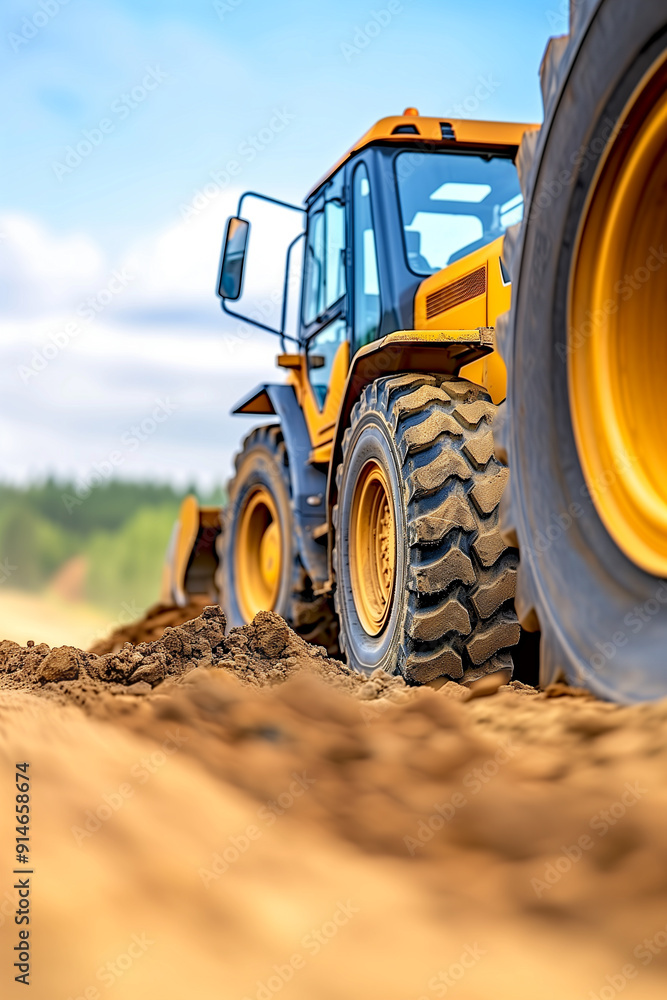 A yellow construction vehicle with a large tire is driving on a dirt road A yellow construction vehicle with a large tire is driving on a dirt road