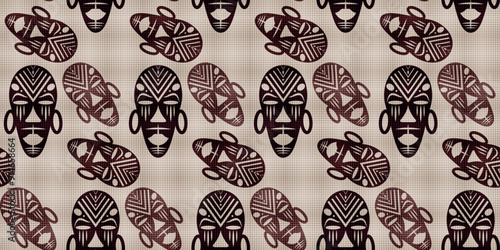 Seamless African background, ethnic tribal mask pattern, Primitive ritual masks of savages. Texture of vintage Afro Art design. Aztec Indian Maya Mexican traditional native culture in brown color