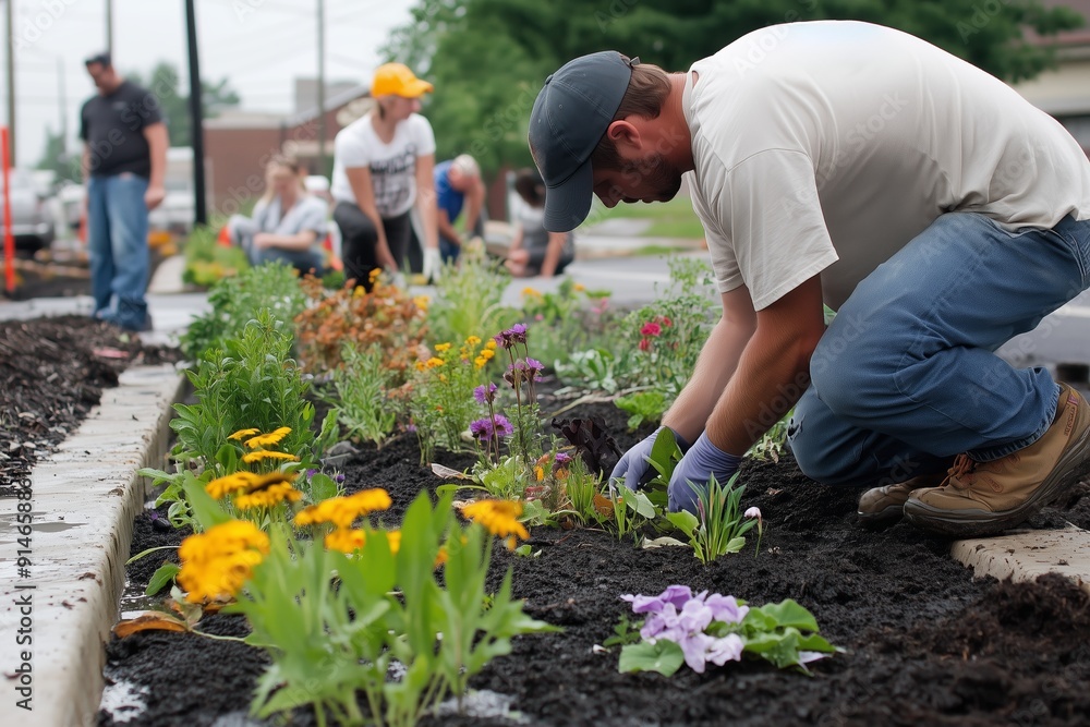 Fototapeta premium Community Members Collaborating on Urban Garden Project to Enhance Local Environment