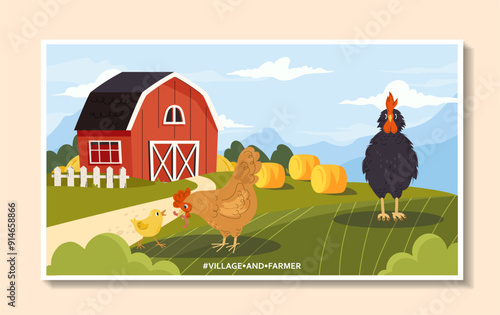 Village and farm poster. Rooster and chicken near barn. Agriculture in rural settlment. Birds at lawn. Graphic element for website. Flat vector illustration isolated on beige background