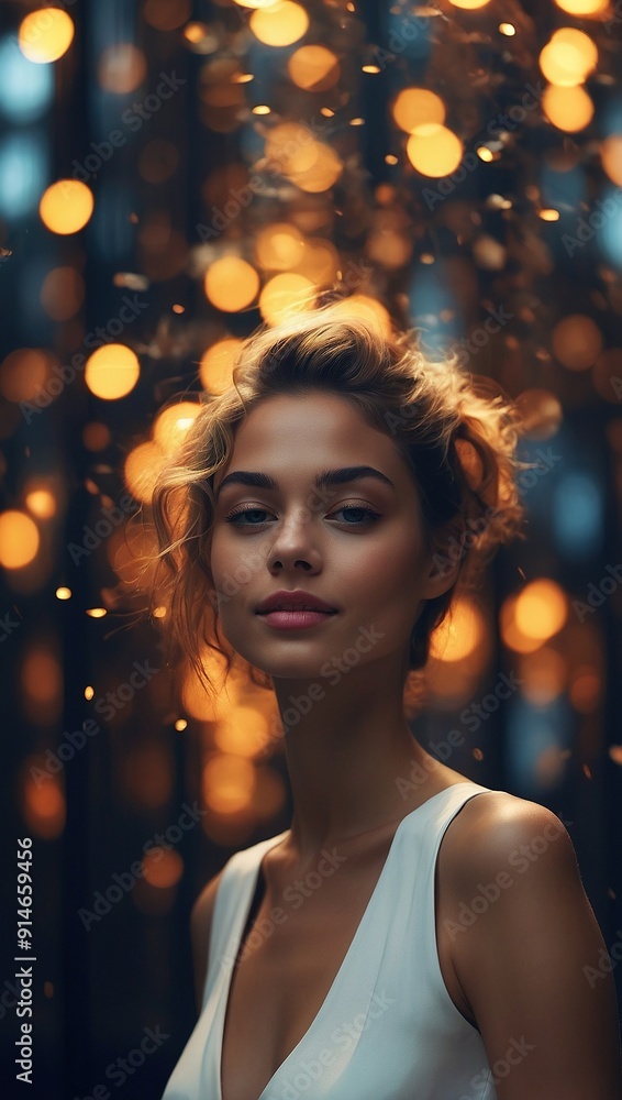 Elegant Young Woman Posing Against a Soft Golden Background at Evening Event Elegant Young Woman Posing Against a Soft Golden Background at Evening Event