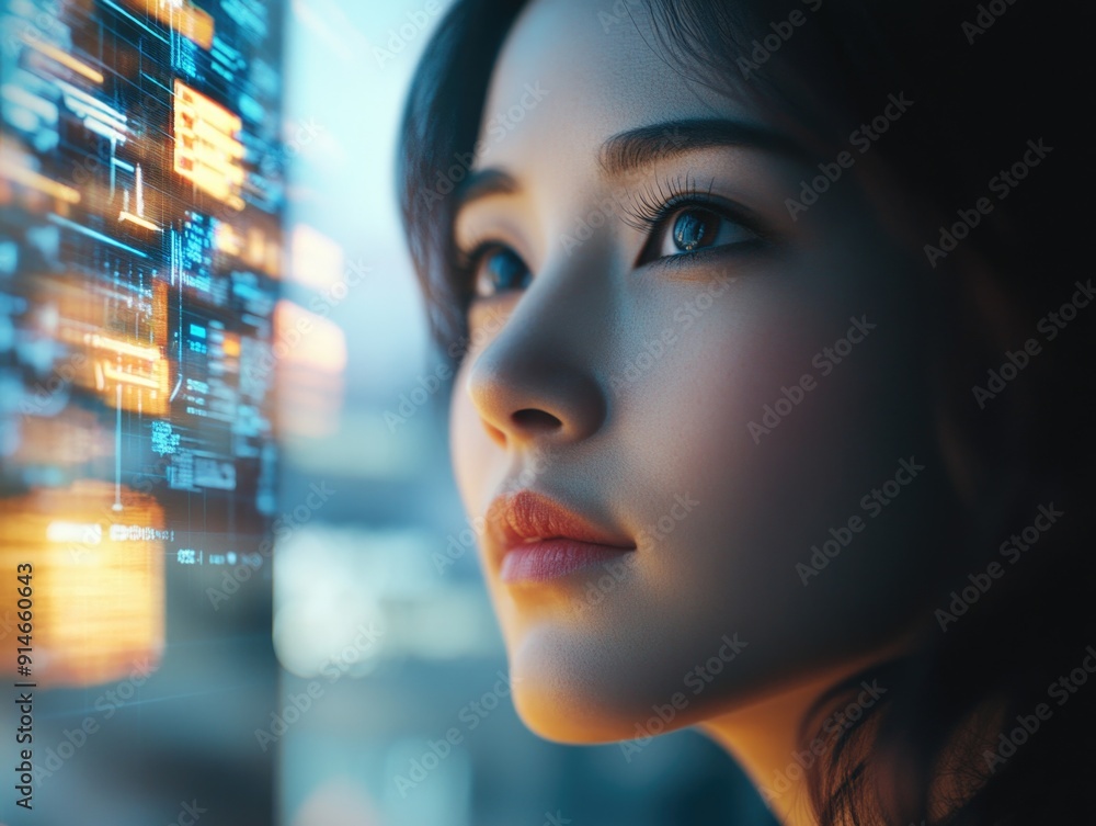 A woman gazing out of a city window, possibly lost in thought A woman gazing out of a city window, possibly lost in thought