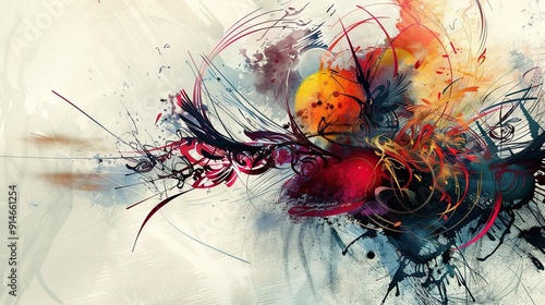  A vibrant artwork featuring hues on white-black canvas, with a bold red-yellow pattern below