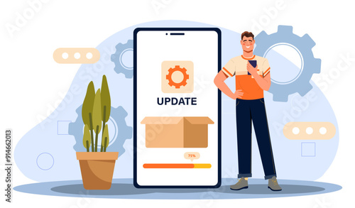 Man installs application. Young guy with smartphone installs mobile program. Downloading files and updating. System update and installation. Flat vector illustration isolated on white background