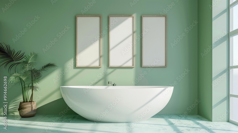 Fototapeta premium Contemporary tub and empty frames beside green wall