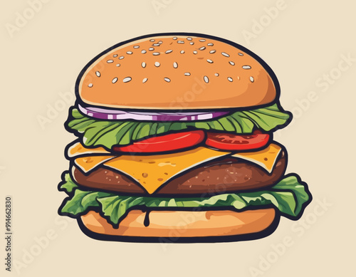 Burger with meat, cheese and vegetable for design of logo or emblem. American fast food or hamburger for label or poster. USA food with bun, lettuce, cheese, tomato, onion, cutlet for store