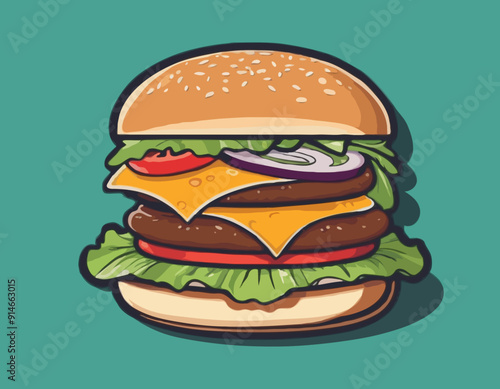 Burger with meat, cheese and vegetable for design of logo or emblem. American fast food or hamburger for label or poster. USA food with bun, lettuce, cheese, tomato, onion, cutlet for store