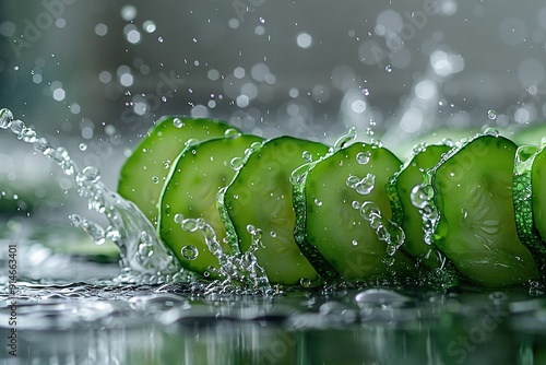   A detailed image of a cut-up cucumber on a table with water splashing all around it photo