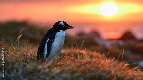   A monochrome penguin perched atop a green field during sunset