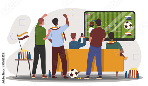 Cheerful football fans. Men with ball and scarves sit on sofa and look at TV screen. Sports event, competition and tournament. Supporters with fun and entertainment. Flat vector illustration