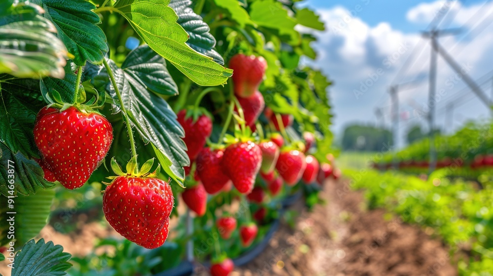   A strawberry field surrounded by green vegetation and a wind turbine in the distance