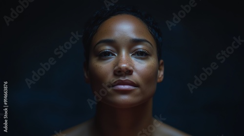 Intense portrait of an African American woman with short hair, staring directly into the camera in a dimly lit setting