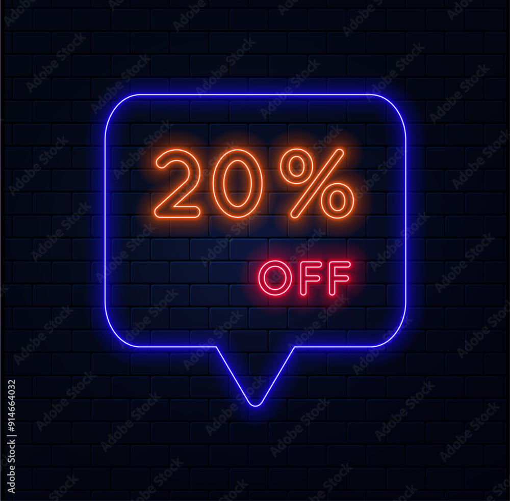 20%. twenty percent off. neon style. Selling special offers. A neon style balloon advertisement for a shopping day retail advertising campaign. brick background. vector illustration 20%. twenty percent off. neon style. Selling special offers. A neon style balloon advertisement for a shopping day retail advertising campaign. brick background. vector illustration