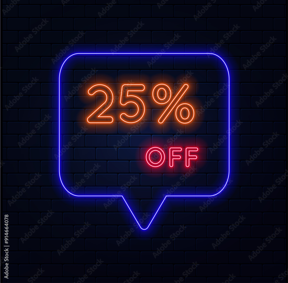 25%. twenty-five percent off. neon style. Selling special offers. A neon style balloon advertisement for a shopping day retail advertising campaign. brick background. vector illustration 25%. twenty-five percent off. neon style. Selling special offers. A neon style balloon advertisement for a shopping day retail advertising campaign. brick background. vector illustration