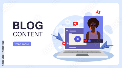 Blog content poster. Laptop with photo of popular blogger. Promotion in social networks and messengers. Advertising and marketing. Flat vector illustration isolated on white background