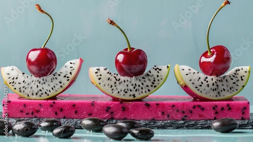   A few pieces of fruit resting atop a slice of watermelon, crowned with a juicy cherry photo