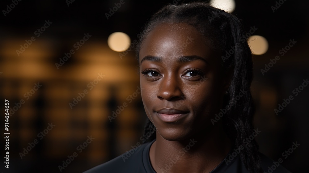 Obraz premium Portrait of a young African American female athlete with braids, smiling confidently under soft lighting in a gym setting