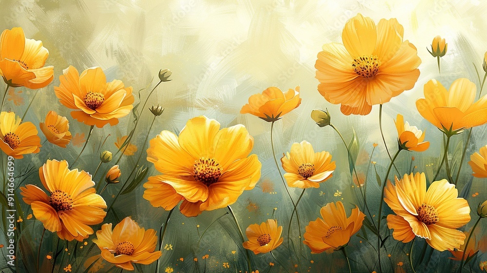 A painting featuring yellow flowers in a green grass field, with yellow flowers in the foreground and a yellow sky in the background A painting featuring yellow flowers in a green grass field, with yellow flowers in the foreground and a yellow sky in the background