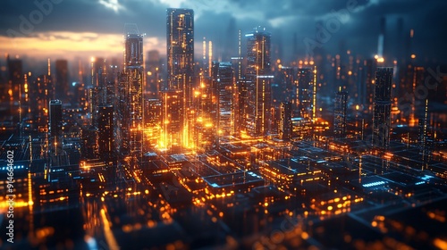 A futuristic cityscape illuminated by glowing skyscrapers and vibrant digital lights at dusk, blending cyberpunk aesthetics with advanced urban technology.