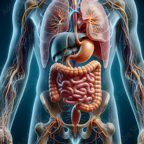 A detailed 3D illustration of human heart anatomy with medical tags and artistic elements