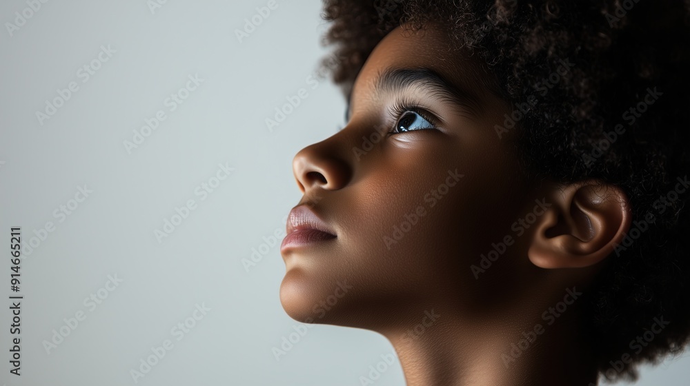 Close-up side profile of a young African American boy with a focused gaze, looking upward against a soft light gray background, space for text Close-up side profile of a young African American boy with a focused gaze, looking upward against a soft light gray background, space for text
