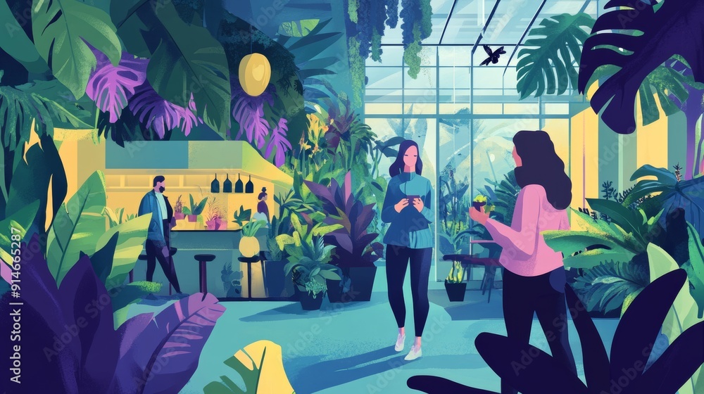 Show people interacting with the environment in a natural way--walking among plants, relaxing by a rooftop garden, or even small wildlife like birds or butterflies in the city. Show people interacting with the environment in a natural way--walking among plants, relaxing by a rooftop garden, or even small wildlife like birds or butterflies in the city.