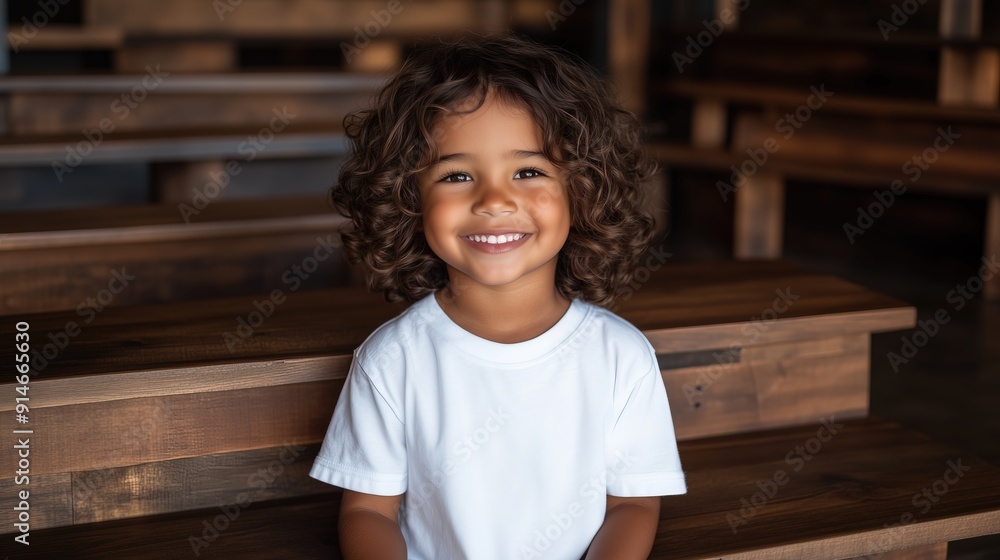 Smiling young boy with curly hair sitting on wooden benches, wearing a white t-shirt in a rustic indoor setting. Smiling young boy with curly hair sitting on wooden benches, wearing a white t-shirt in a rustic indoor setting.
