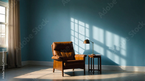 interior with brown chair blue background and lamp