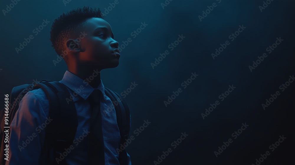 Dramatic portrait of a young boy with a backpack, standing in moody lighting with a deep blue background, space for text Dramatic portrait of a young boy with a backpack, standing in moody lighting with a deep blue background, space for text