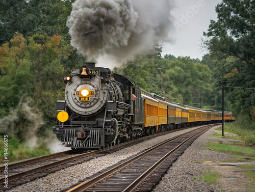 A steam train is traveling down the tracks, leaving a trail of smoke behind it. The train is surrounded by trees, and the sky is cloudy. Concept of nostalgia and adventure photo