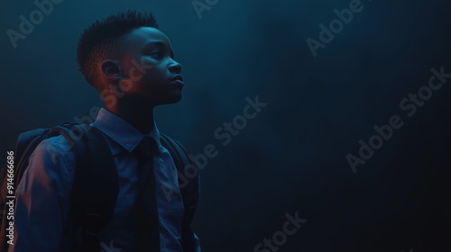 Dramatic portrait of a young boy with a backpack, standing in moody lighting with a deep blue background, space for text