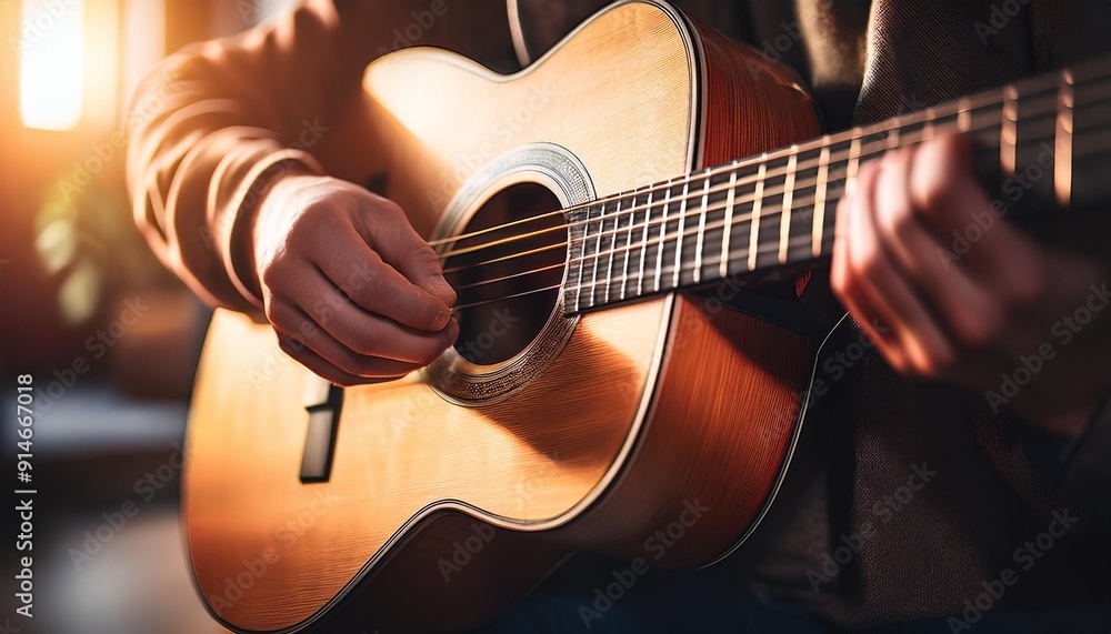 Fototapeta premium A closeup view of the hands of a guitarist playing a guitar; selective focus; blurred background