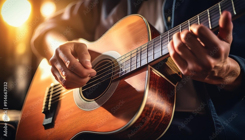 Fototapeta premium A closeup view of a guitarist playing an acoustic guitar; focused view of the guitar and hands; sunlight illuminating from the left side; musician playing a guitar