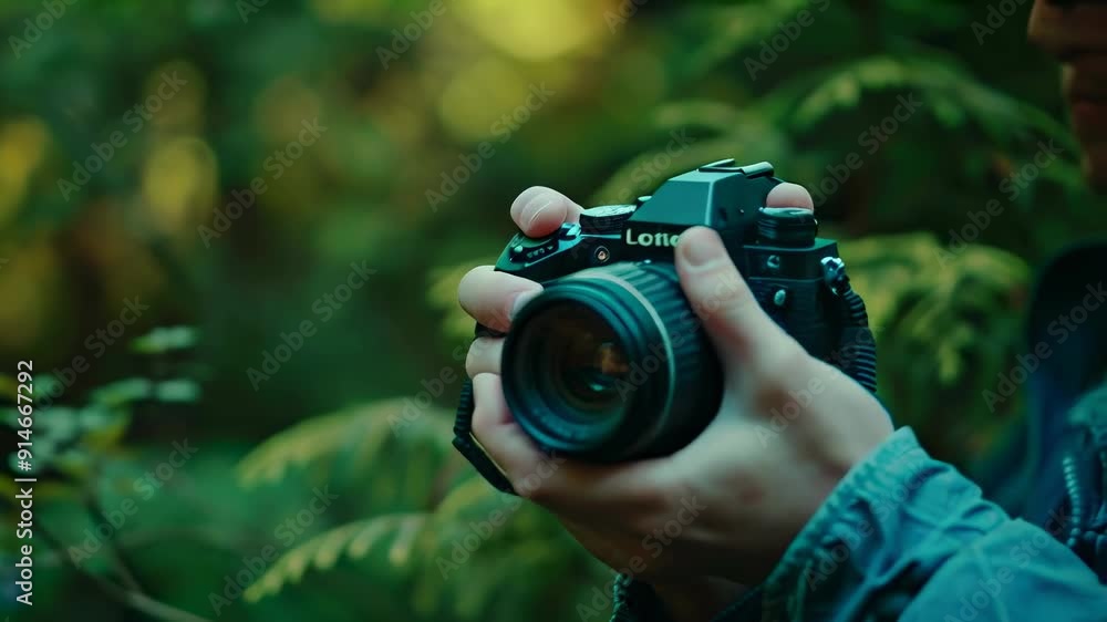 In a forest setting, close-up of hands in a green jacket holding a camera. The person's focus is entirely on capturing nature, with dense foliage in the background. It appears to be daytime. In a forest setting, close-up of hands in a green jacket holding a camera. The person's focus is entirely on capturing nature, with dense foliage in the background. It appears to be daytime.