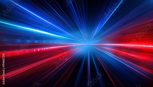 Blue and red light beams creating a velocity vortex; light rays consist of blue and red color beams; background; 3D art; speed