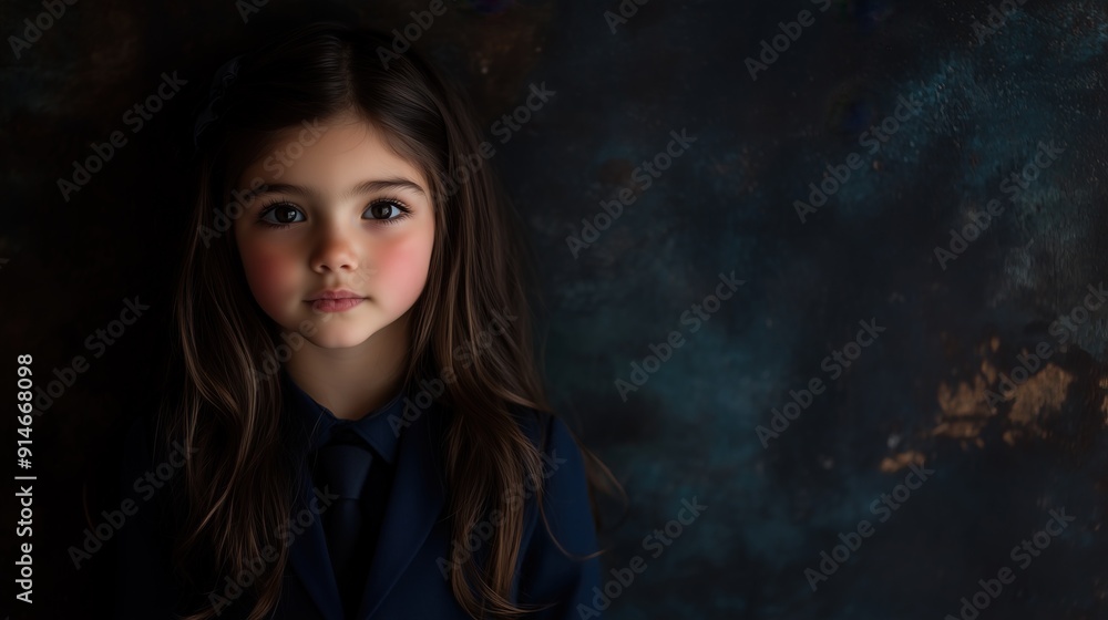Serious young girl with long dark hair, wearing a navy blue outfit, standing against a dark textured background. Serious young girl with long dark hair, wearing a navy blue outfit, standing against a dark textured background.