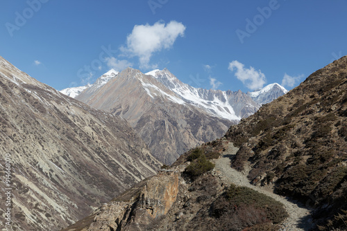 Winding path is leading through a valley to a snow capped mountain peak in the himalayas. The path will lead hikers on an adventurous trek to the summit