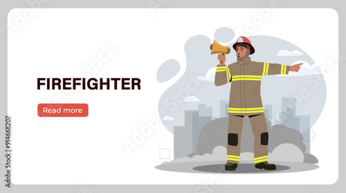Firefighter with loudspeaker poster. Man in protective suit with loudspeaker gives instructions. Rescuer in uniform. Safety and protection. Landing webpage design. Flat vector illustration