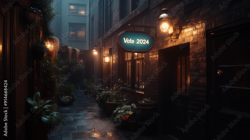Narrow alleyway at night with glowing Narrow alleyway at night with glowing