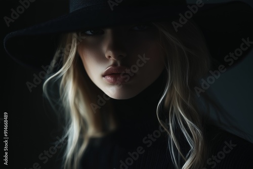 Mysterious woman in a dark hat, lit dramatically with soft lighting.